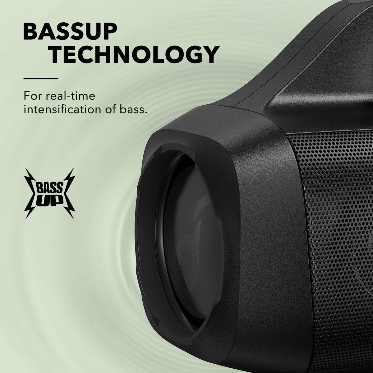 Soundcore Motion Boom BassUp LED indicator emphasizing enhanced bass performance