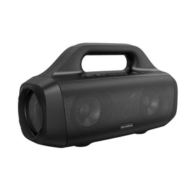 Soundcore Motion Boom front view showing speaker grille and balanced stereo benefit