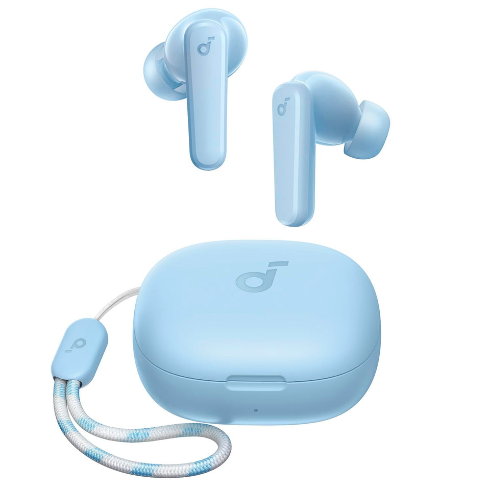 Soundcore P20i front view showing light blue finish and compact case, highlighting portability