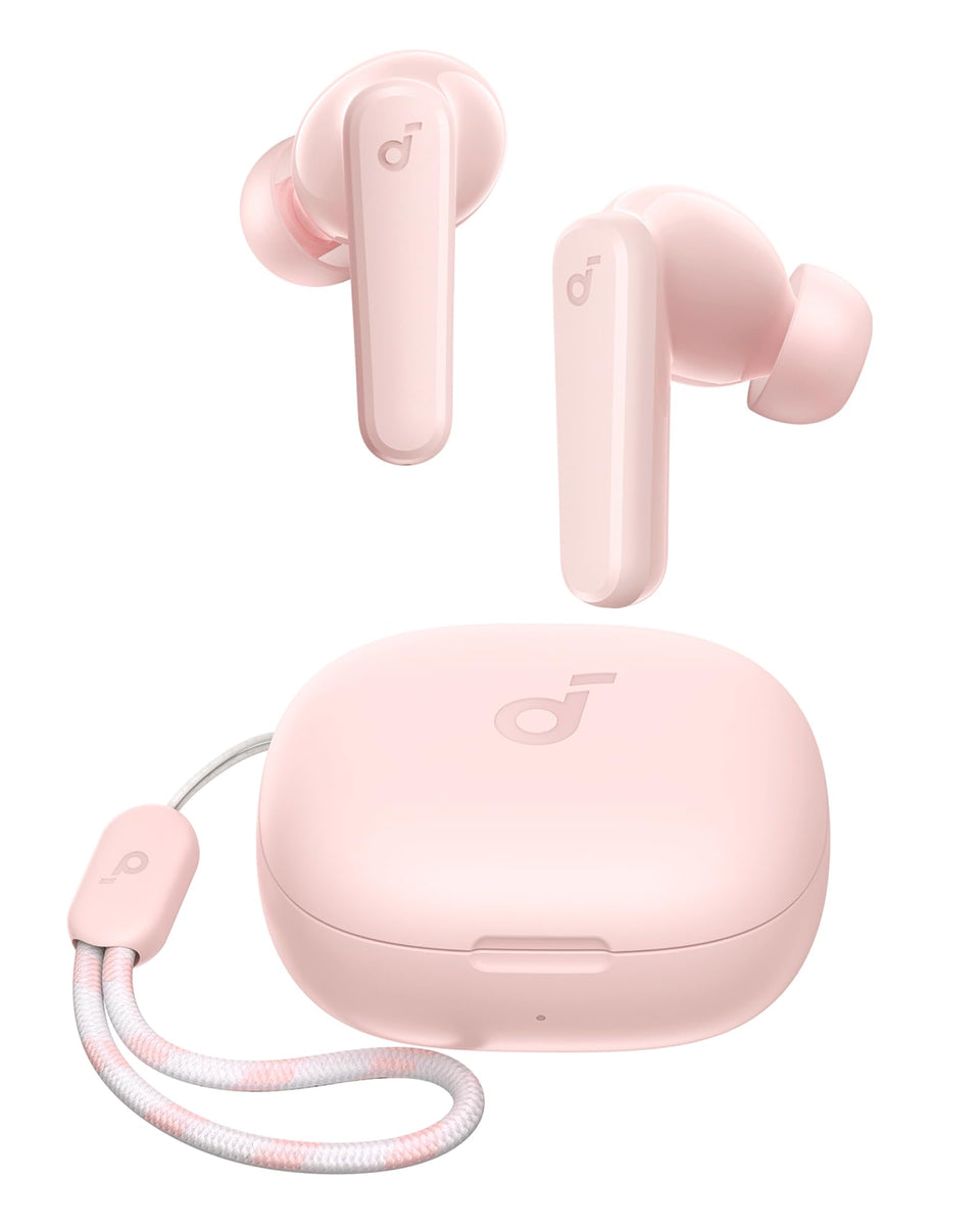 Soundcore P20i front view showing compact earbuds and strong bass benefit