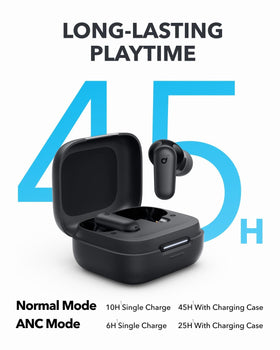 Soundcore P30i case with charging LEDs visible indicating extended battery support
