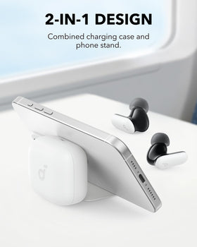 Soundcore P30i case opened as phone stand demonstrating hands-free viewing benefit