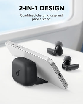 Soundcore P30i case open with back panel used as a phone stand for hands-free viewing