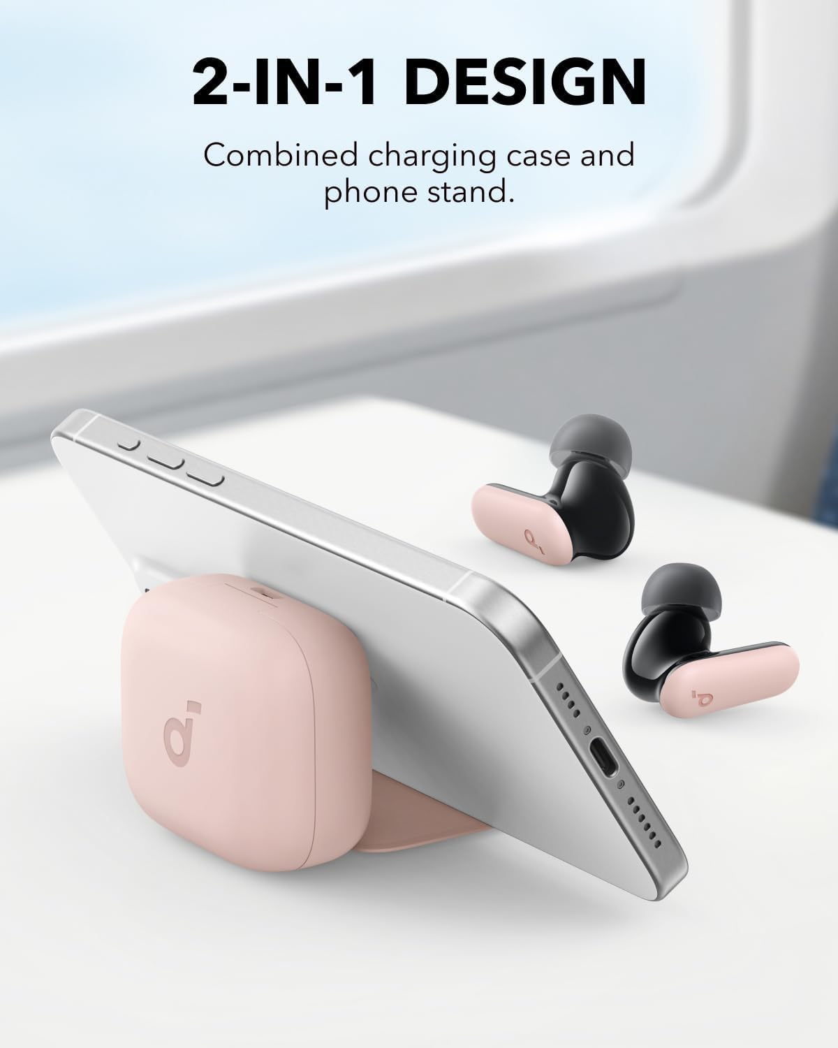 soundcore P30i charging case converted into a phone stand for hands-free viewing and charging