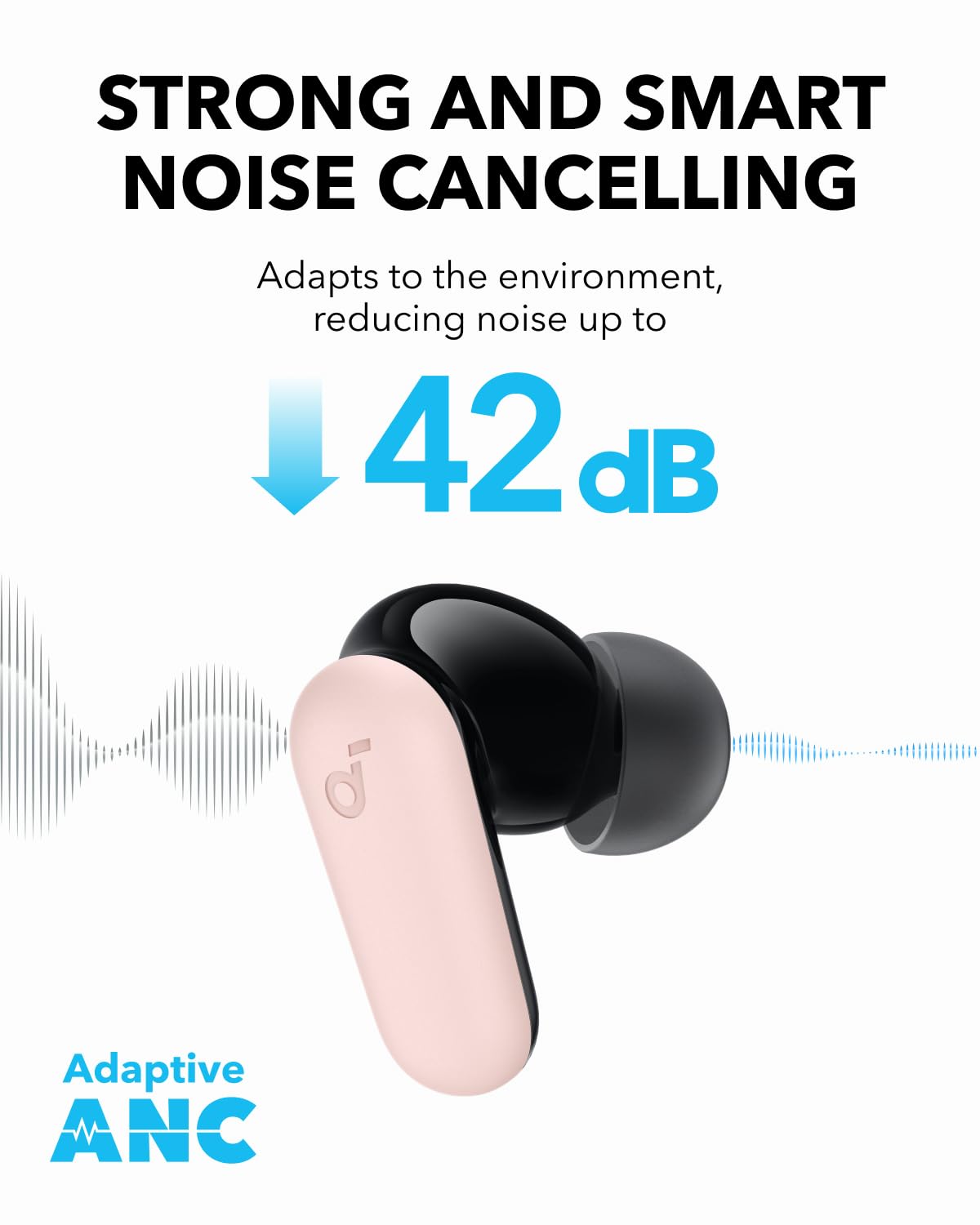 Soundcore P30i earbud close-up highlighting 10mm driver for powerful bass