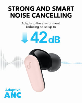 Soundcore P30i earbud close-up highlighting 10mm driver for powerful bass