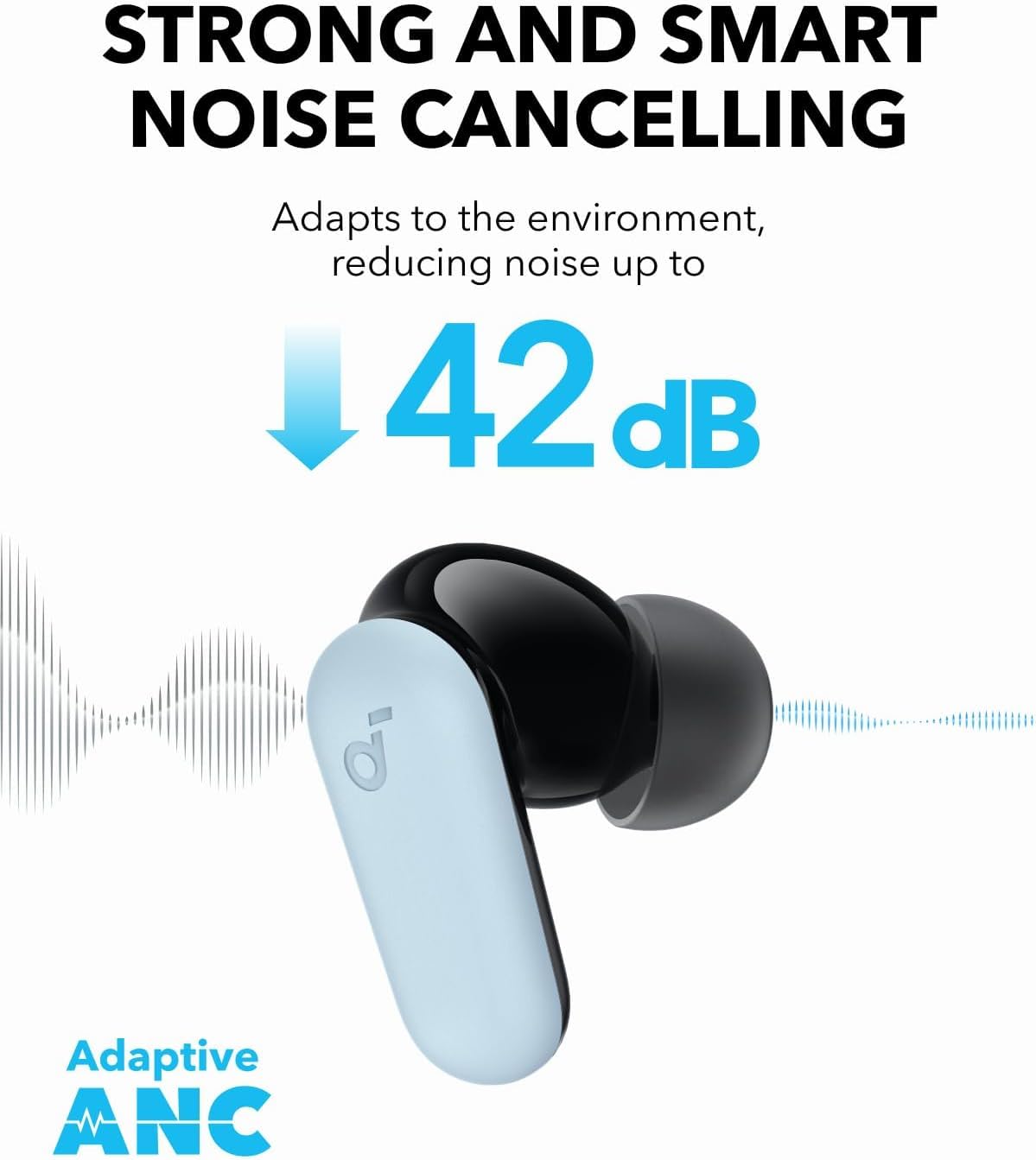 Soundcore P30i earbud close-up on driver and mesh, showcases 10mm driver for strong bass