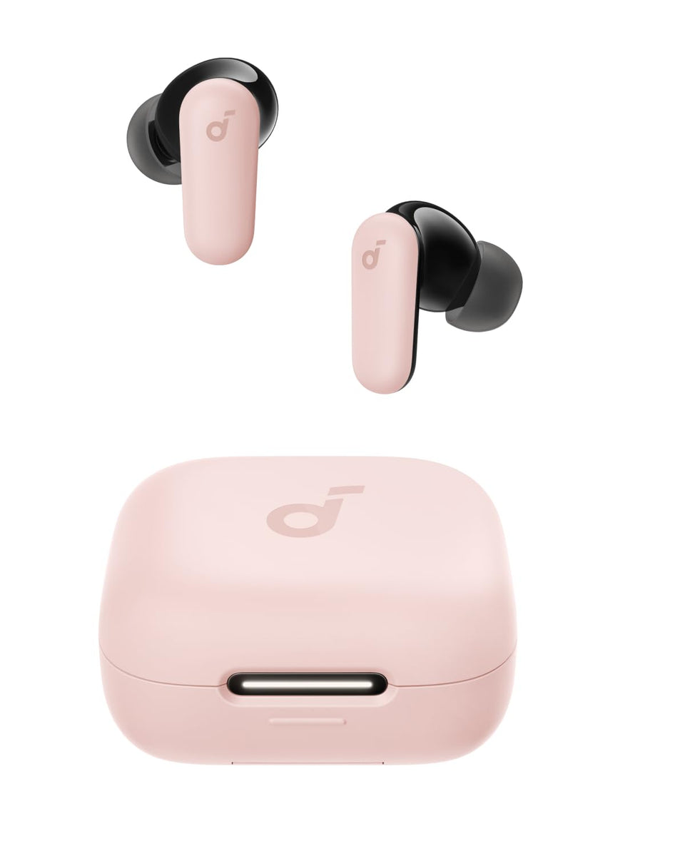 Soundcore P30i front packaging shows renewed pink earbuds and benefits