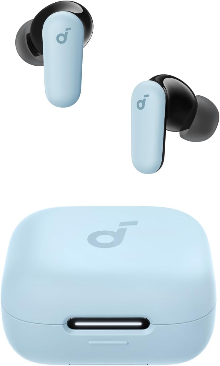 Soundcore P30i front view in blue showing earbuds and case, highlighting modern design