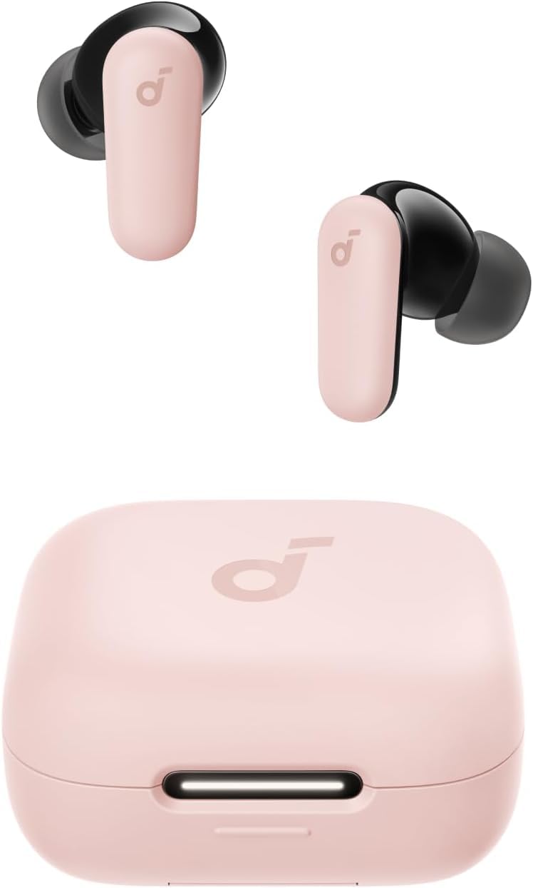 soundcore P30i front view in pink showing compact case and earbuds, highlights portability