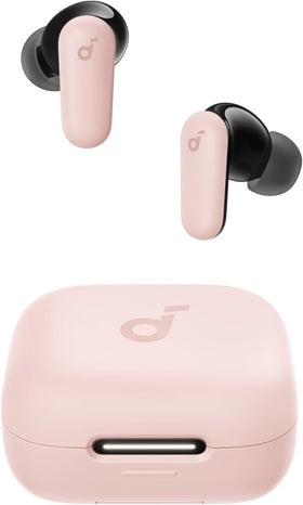 soundcore P30i front view in pink showing compact case and earbuds, highlights portability