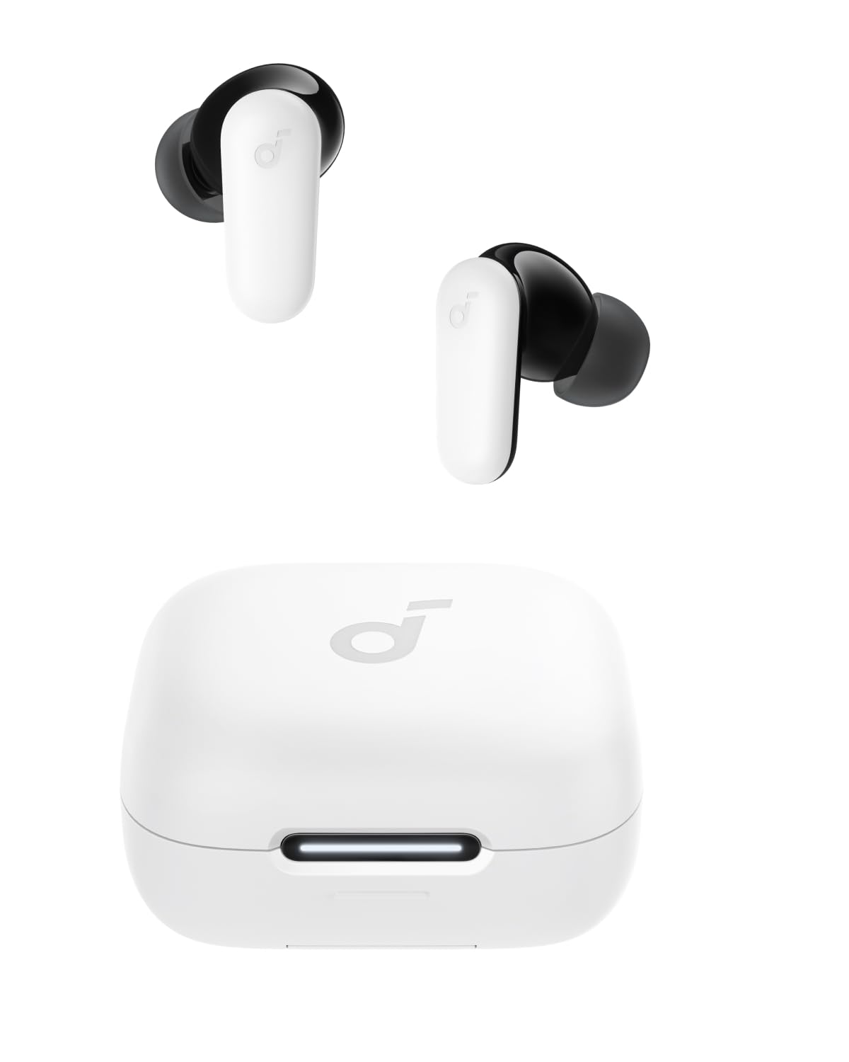 Soundcore P30i front view showing earbuds and case, highlighting compact design and convenience