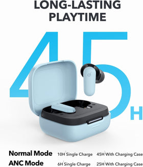 Close detail of Soundcore P30i case ports and label, showing USB-C charging convenience