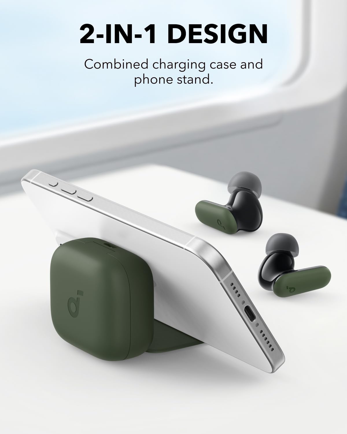 Soundcore P30i charging case opened as phone stand, convenient hands-free viewing