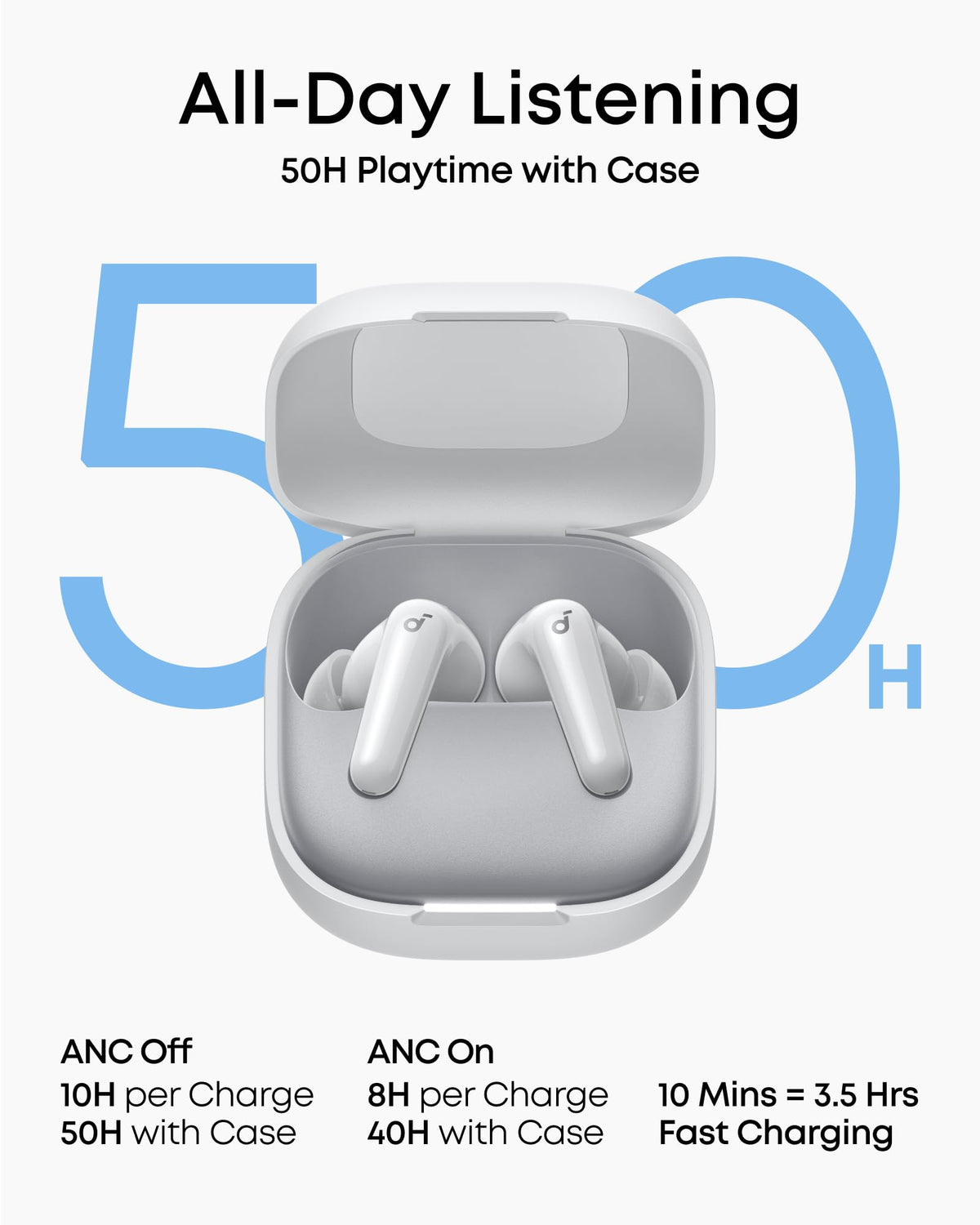 Soundcore P31i charging case beside a phone demonstrating compact 50H playback