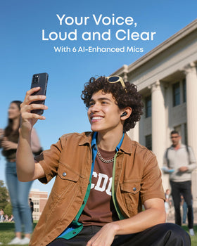Soundcore P31i next to smartphone showing compact size and portability