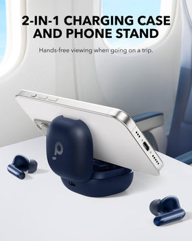 Soundcore P40i case used as phone stand, demonstrating hands-free viewing benefit