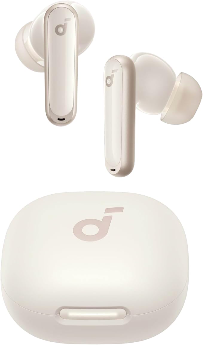 Soundcore P40i front view with open case showing earbuds and versatile phone-stand benefit