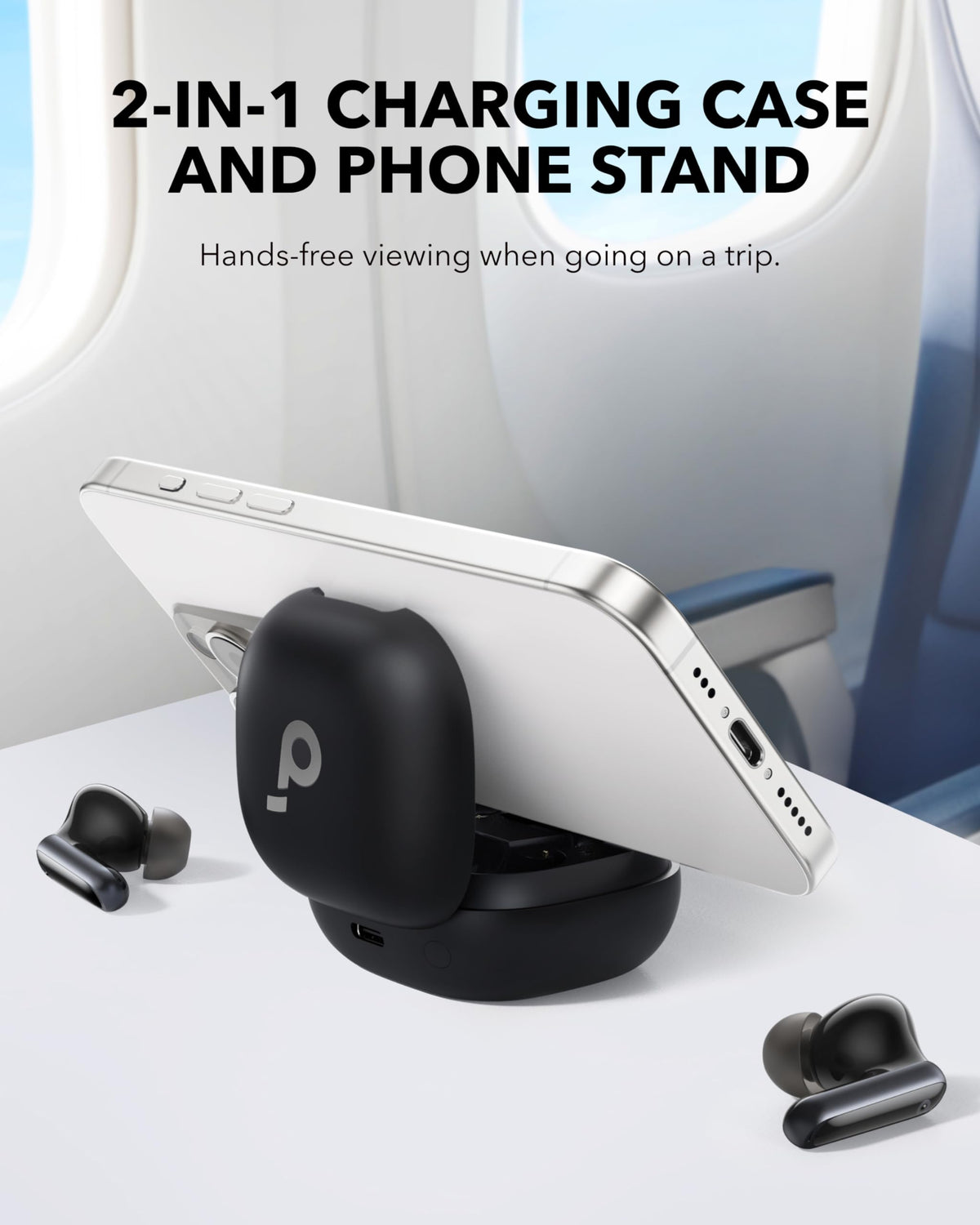 Soundcore P40i case opened and used as a phone stand for hands-free viewing