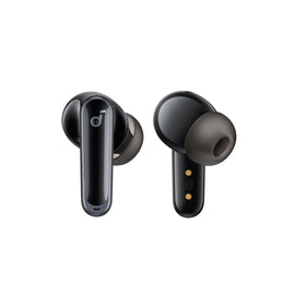 Soundcore P40i earbuds with water splashes illustrating IPX5 splash resistance