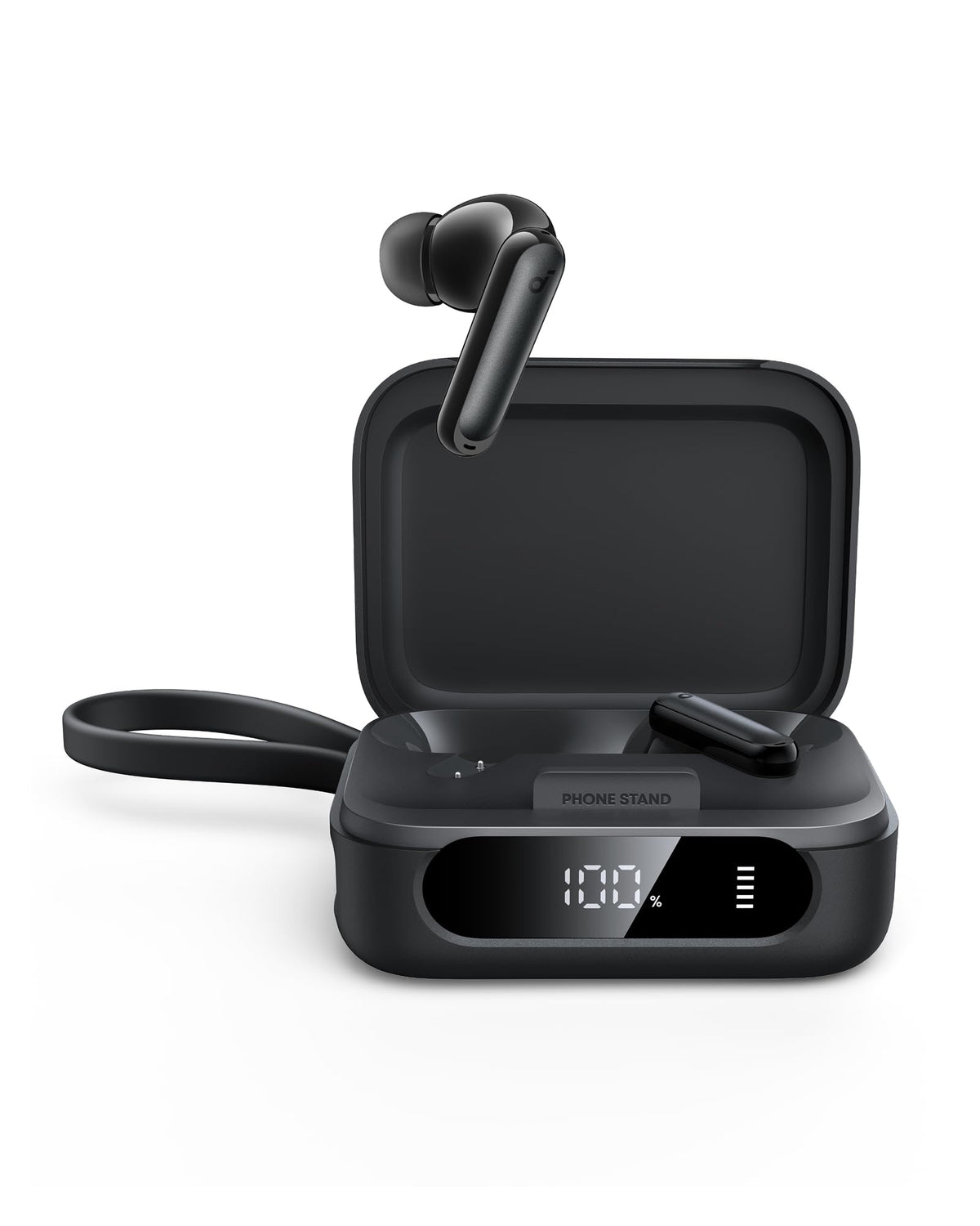 Soundcore P41i front view with open case showing earbuds and battery level, highlights portability