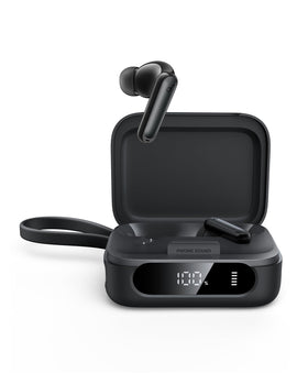 Soundcore P41i front view with open case showing earbuds and battery level, highlights portability