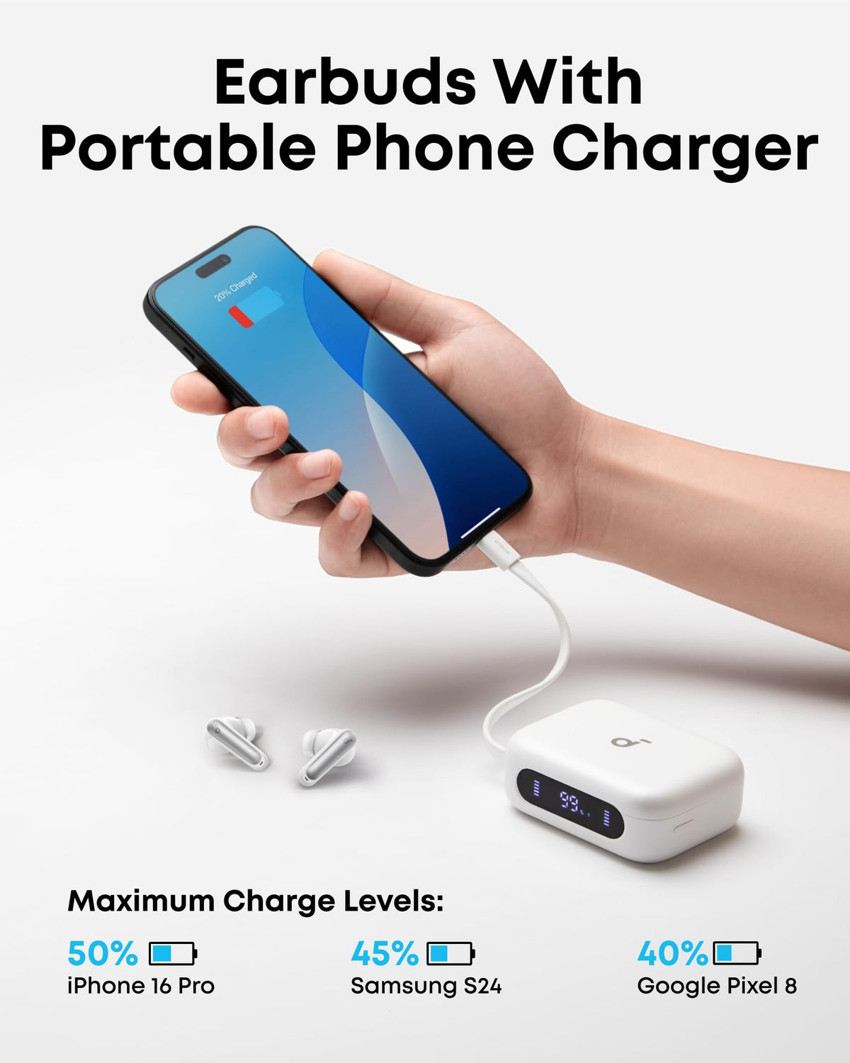 Soundcore P41i open case with earbuds visible, illustrating long battery life benefit
