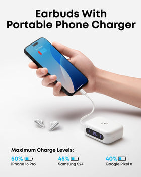 Soundcore P41i open case with earbuds visible, illustrating long battery life benefit