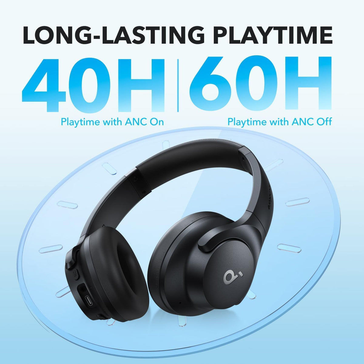 Soundcore Q20i with AUX cable connected showing wired Hi-Res option for better detail