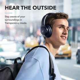 Soundcore Q20i in use on a commuter train demonstrating ANC for focused listening