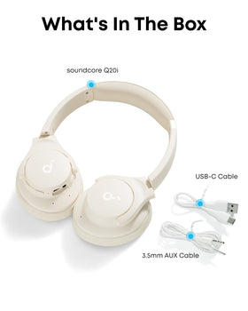 Soundcore Q20i earcup controls and label close-up showing intuitive controls