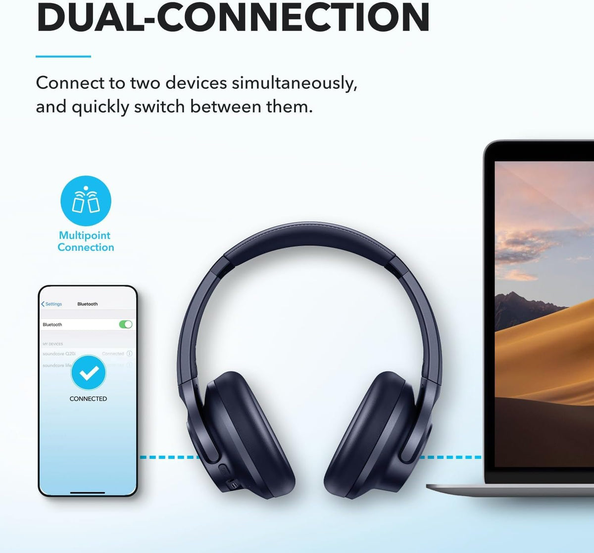 Hand holding Soundcore Q20i to show scale and portable convenience