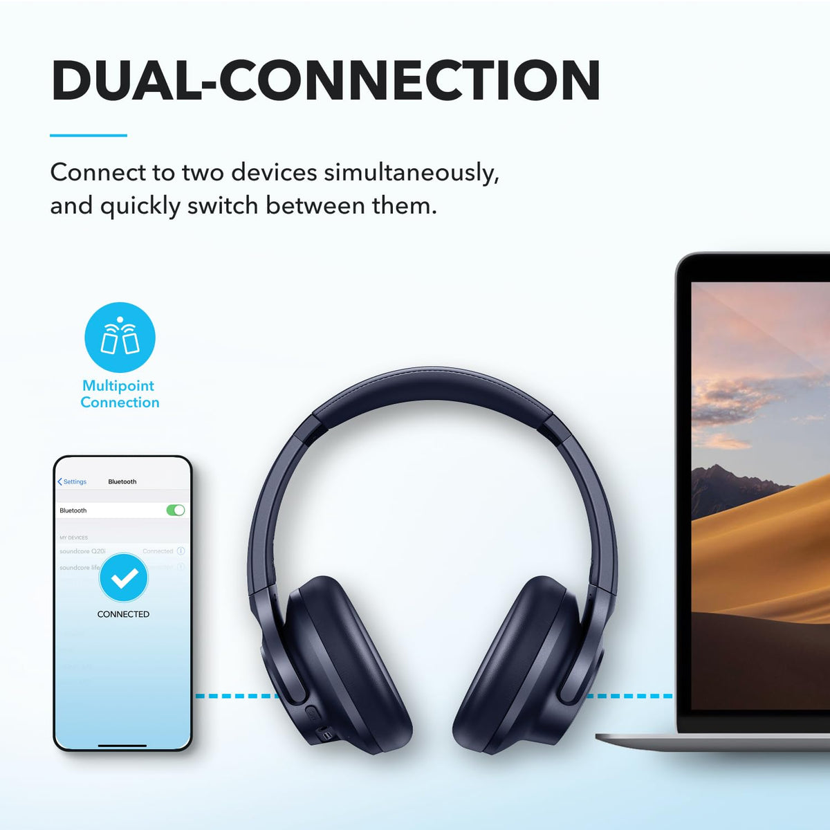 Soundcore Q20i size comparison with hand illustrating lightweight, portable design