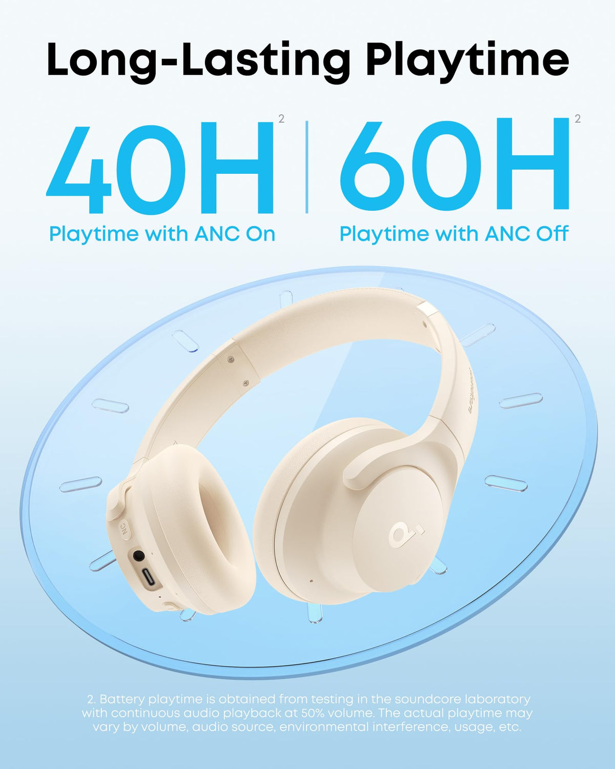 Soundcore Q20i connected with AUX cable showing Hi-Res wired audio option