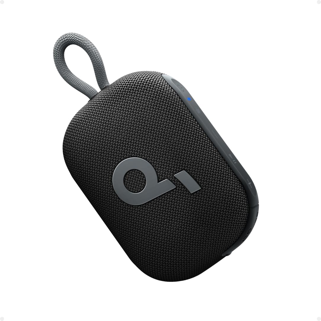 Soundcore Select 4 Go shower speaker on a bathroom shelf for waterproof listening anywhere.