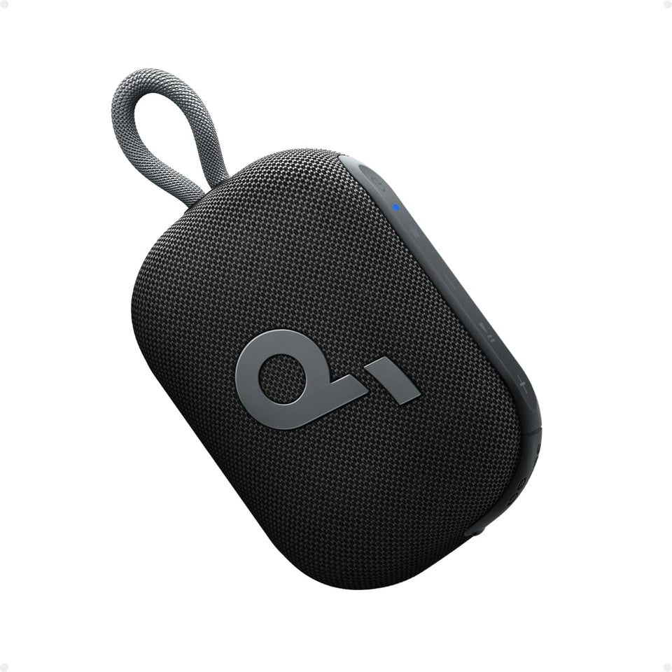 Soundcore Select 4 Go shower speaker on a bathroom shelf for waterproof listening anywhere.