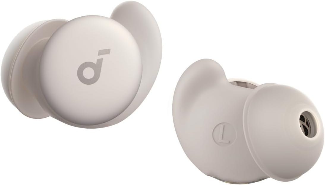 Soundcore Sleep A20 earbuds front view, compact design for comfortable night listening.