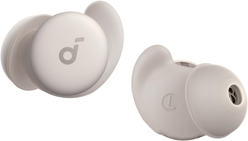 Soundcore Sleep A20 earbuds front view, compact design for comfortable night listening.