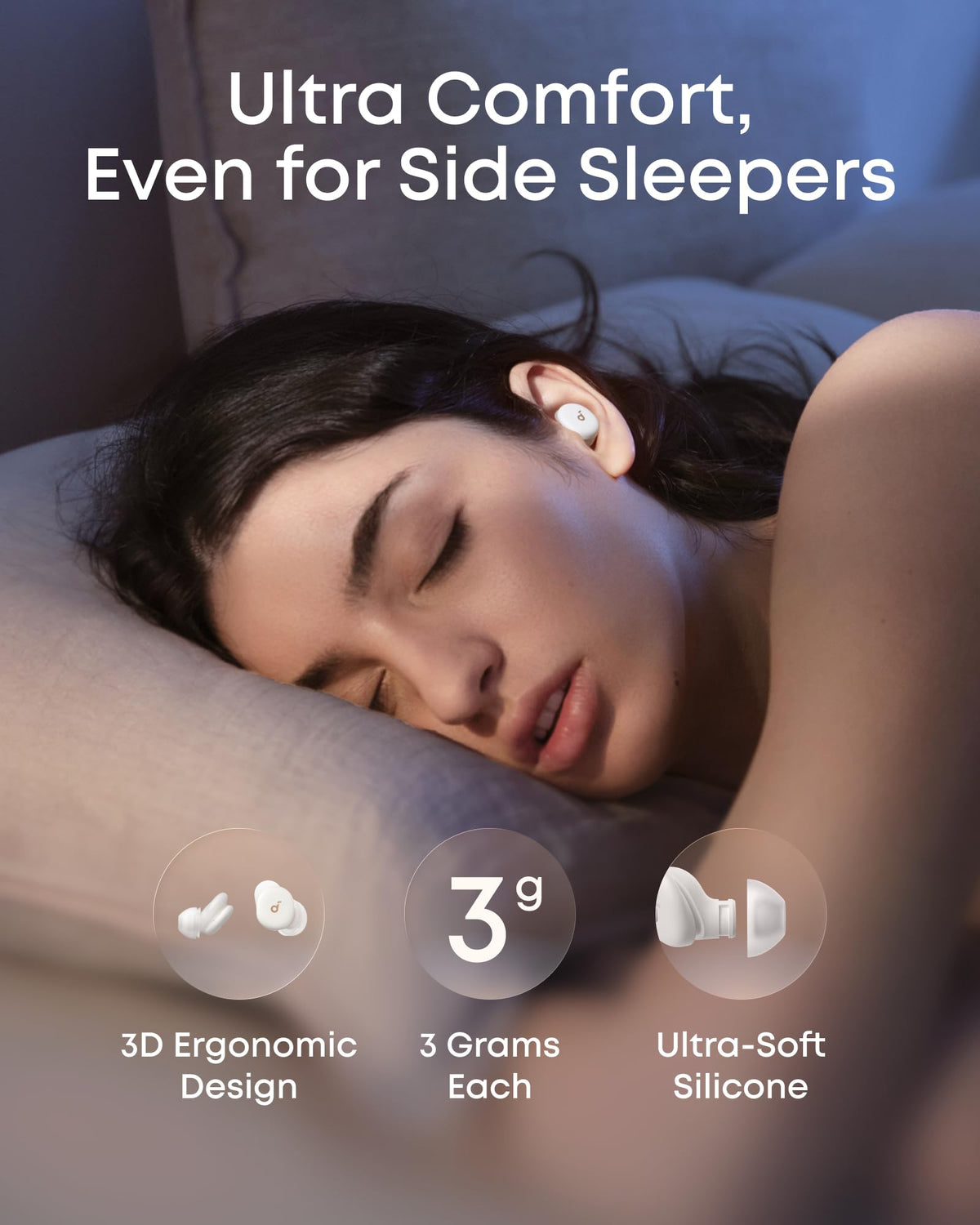 Soundcore Sleep A30 3D ergonomic design fits ears comfortably.