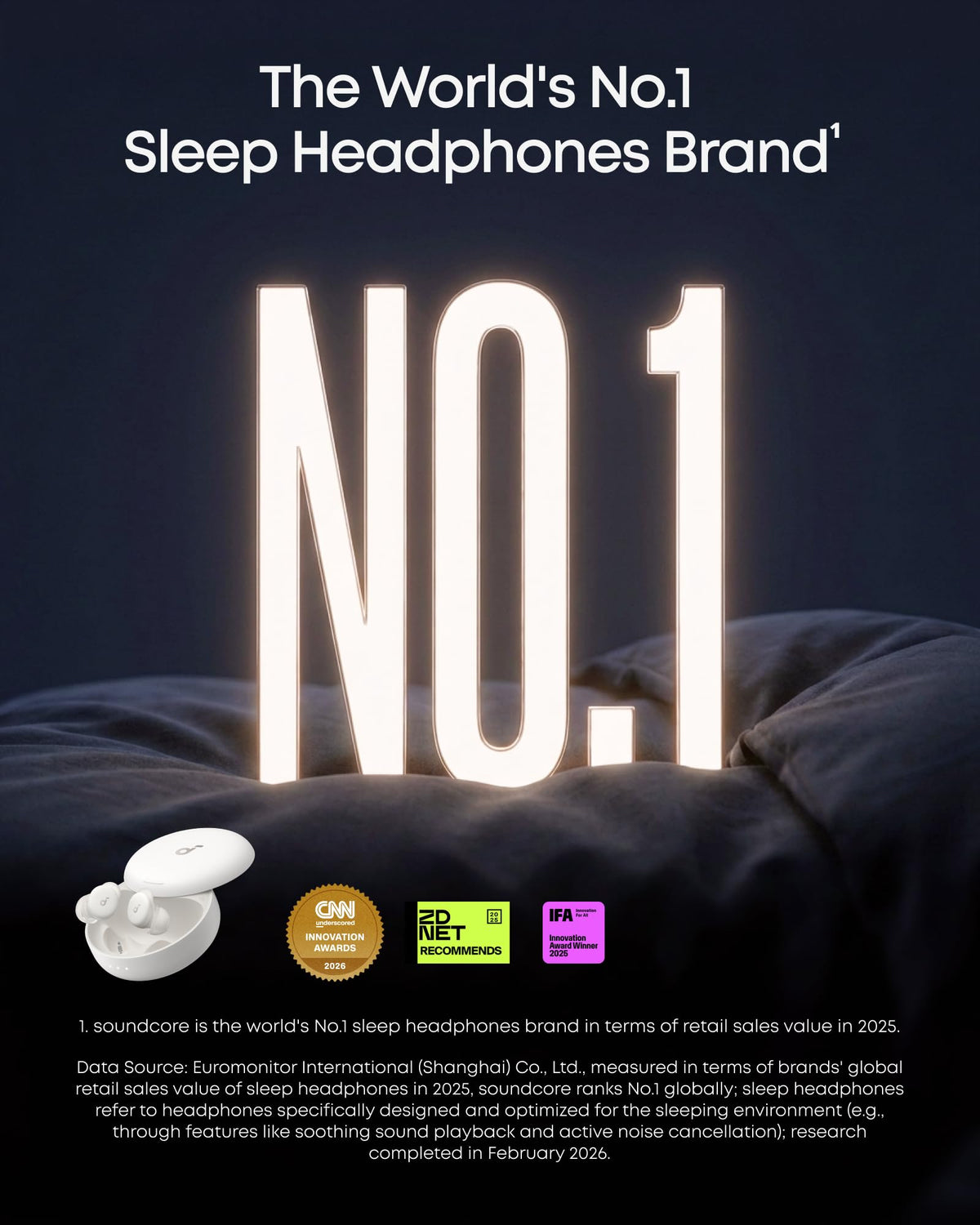 Soundcore Sleep A30 adaptive snore masking shown with tailored white noise