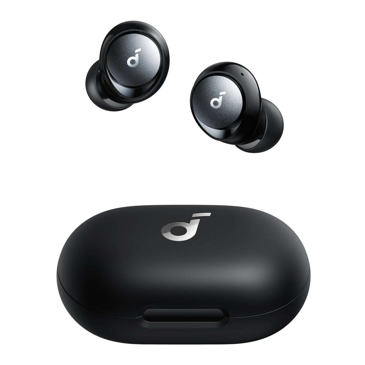 Soundcore Space A40 front view showing compact case and earbuds, highlighting portability