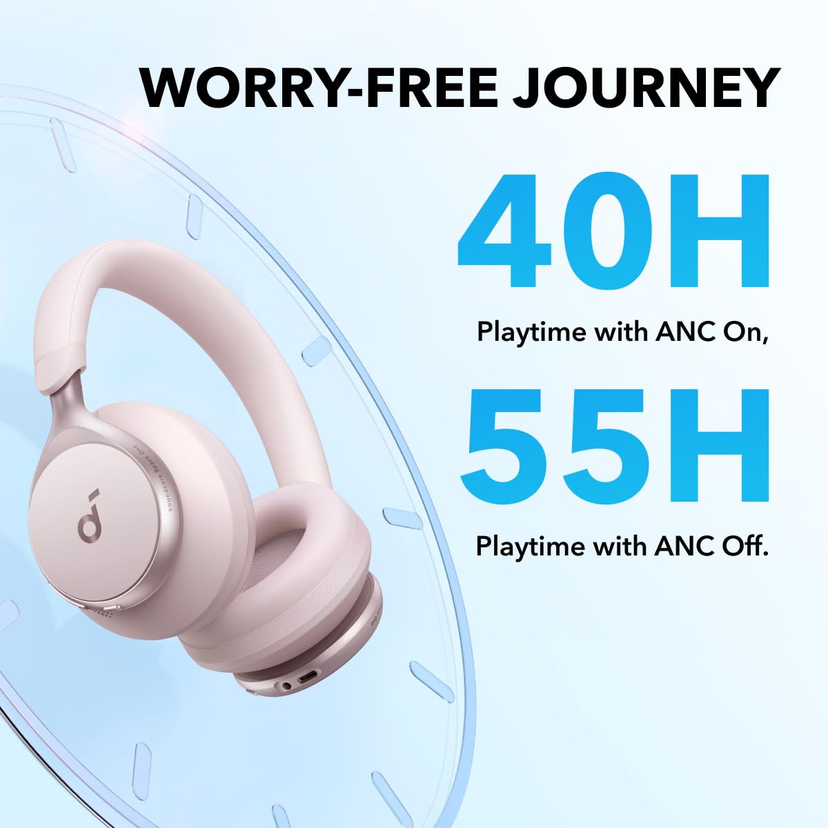 Soundcore Space One comfort fit highlights 8° rotating cups for gentle, ear-friendly wear.