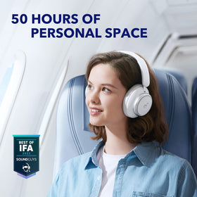 Soundcore Space Q45 over-ear headphones showing a comfortable, all-day design.