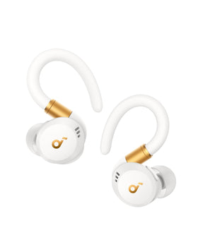 Soundcore Sport X20 with extended, rotatable ear hooks for a secure fit during workouts.