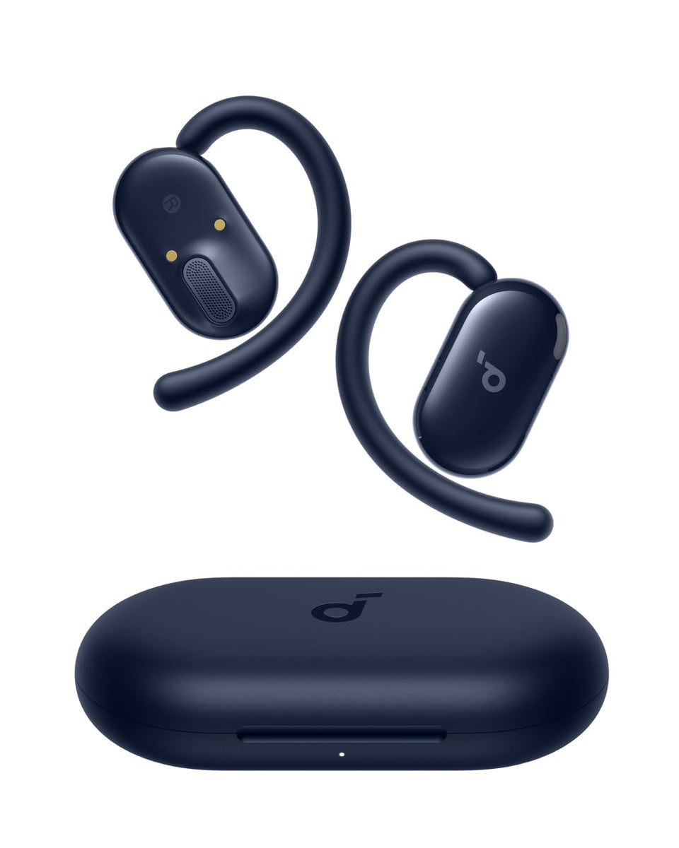 Soundcore V20i front view showing open-ear design and ergonomic fit benefit awareness