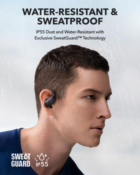 soundcore V30i label and ports close-up showing IP55 protection features