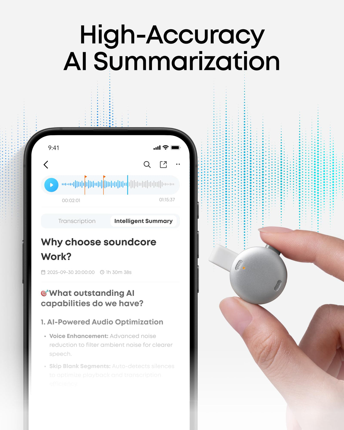 Soundcore Work clipped to a pocket captures lectures with real-time transcription.