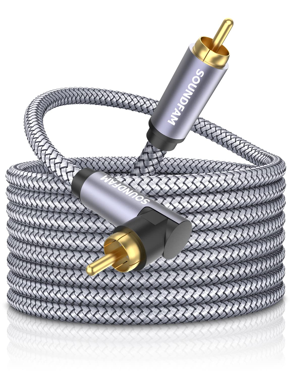 Soundfam 90 degree subwoofer cable with right-angle plug for tidy setups and reliable signal