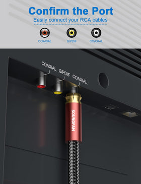 SOUNDFAM dual-shielding cable shows copper braid and aluminum foil for noise reduction.