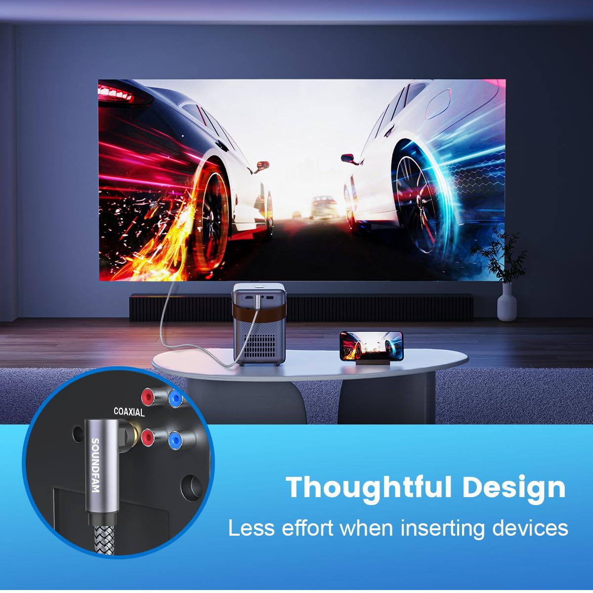 SOUNDFAM Easy-install right-angle RCA cable enables quick connections in compact setups.